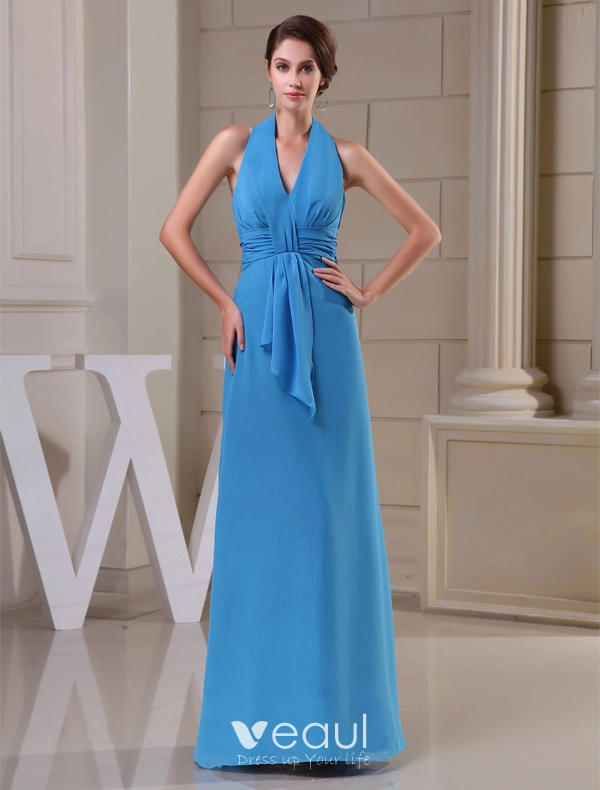 2015 Simple Empire V-neck Halter Sash Long Bridesmaid Dress