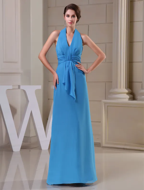 2015 Simple Empire V-neck Halter Sash Long Bridesmaid Dress
