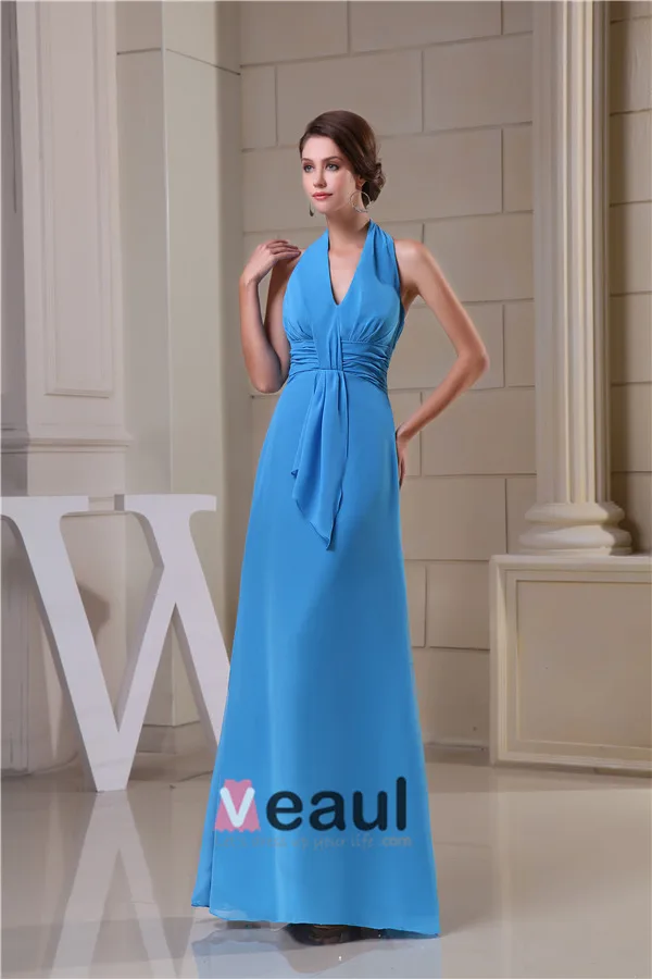 2015 Simple Empire V Neck Halter Sash Long Bridesmaid Dress