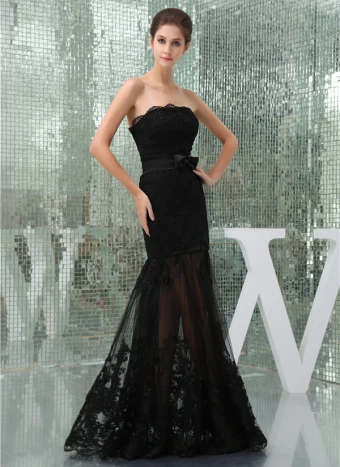 Charming Black Strapless Bow Sash Lace Cocktail Dress Evening Dress