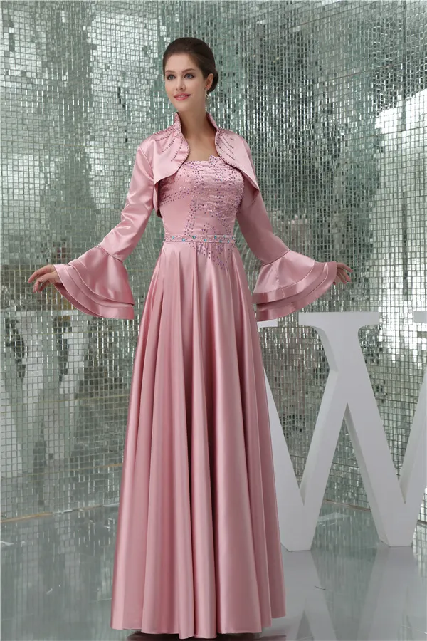 Elegant Empire Strapless Beading Satin Long Mother Of The Bride Dresses With Shawl