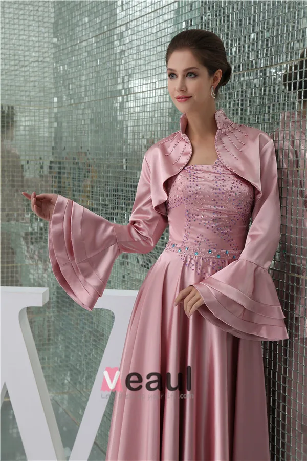 Elegant Empire Strapless Beading Satin Long Mother Of The Bride Dresses With Shawl