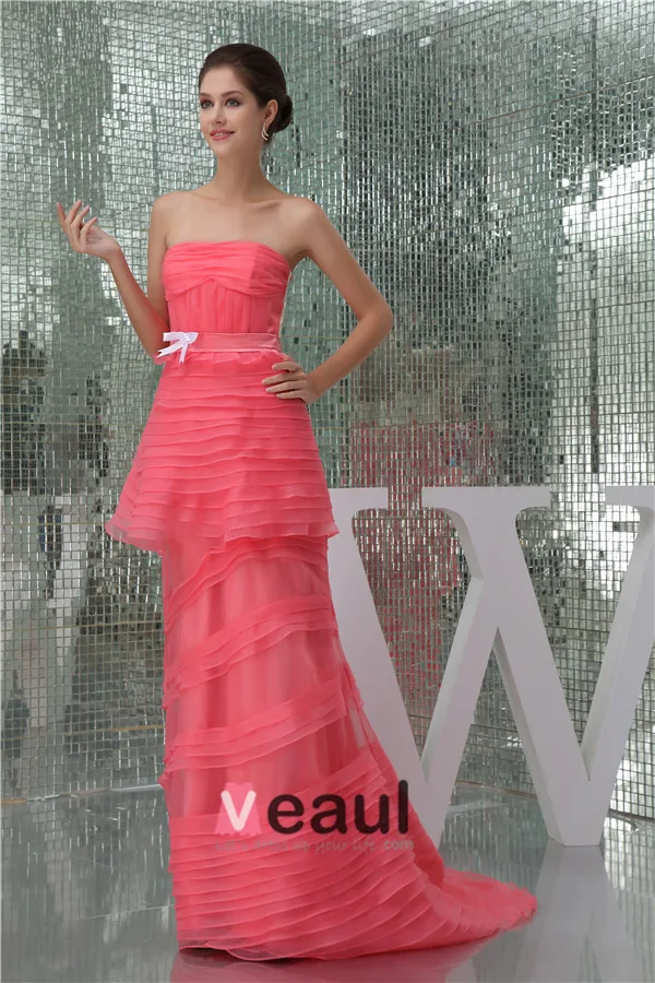 2015 Charming Empire Strapless Bow Sash Cascading Ruffles Prom Dress