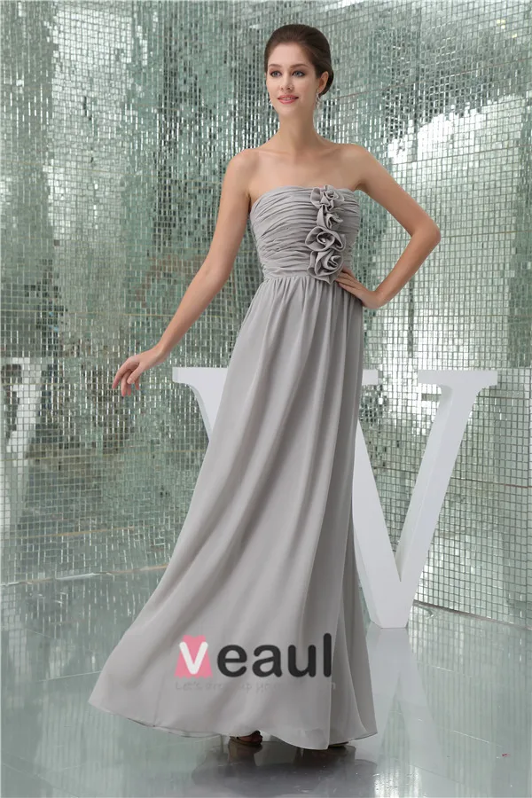 2015 Elegant Empire Strapless Pleated Handmade Flower Long Bridesmaids Dresses