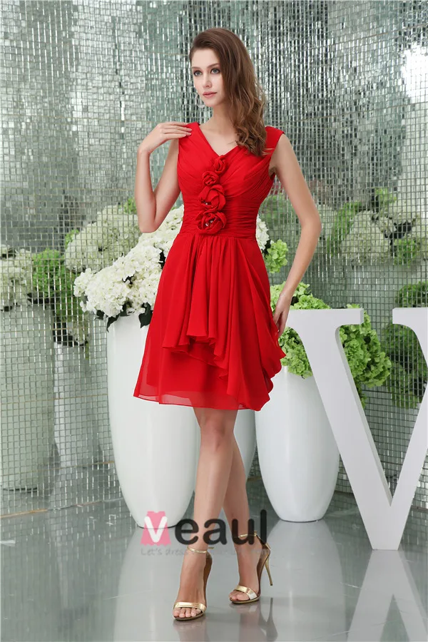 Cute A-ligne De V-cou Épaules Faits À La Main Des Fleurs Volants Robe De Cocktail Rouge
