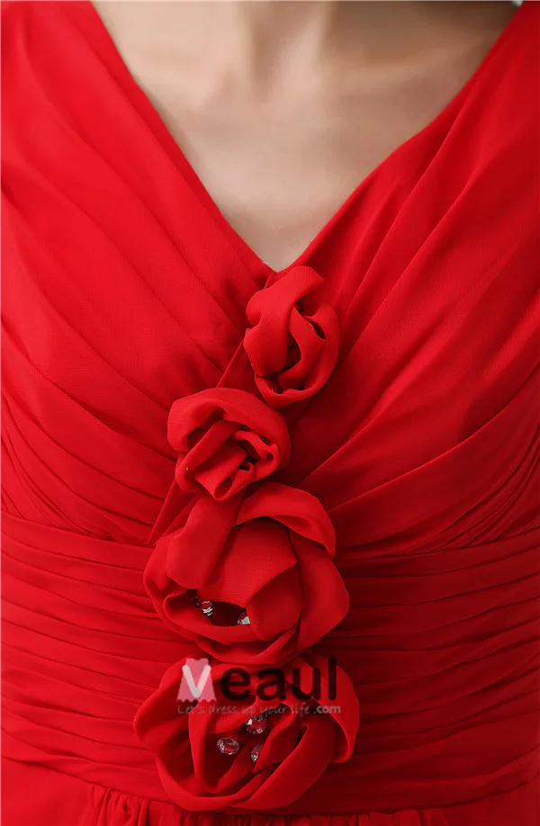 Cute A-ligne De V-cou Épaules Faits À La Main Des Fleurs Volants Robe De Cocktail Rouge