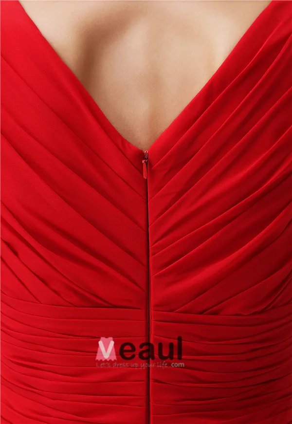 Cute A-ligne De V-cou Épaules Faits À La Main Des Fleurs Volants Robe De Cocktail Rouge