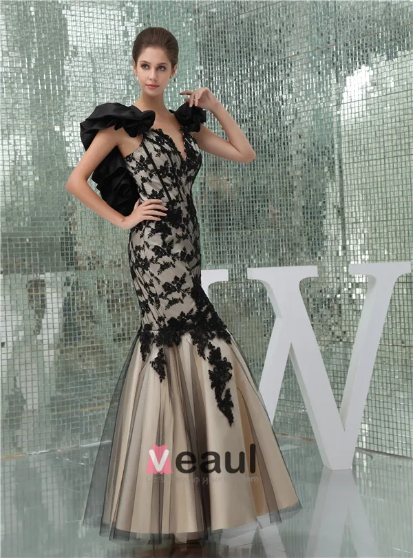 2015 Unique Sheath V-neck Ruffle Shoulders Mermaid Appliques Lace Evening Dress