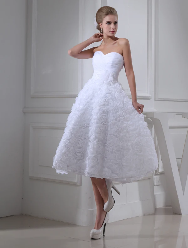 Søt A Line Kjæreste Stropper Frynse Blomster Brylluoskjole Kort Brudekjoler