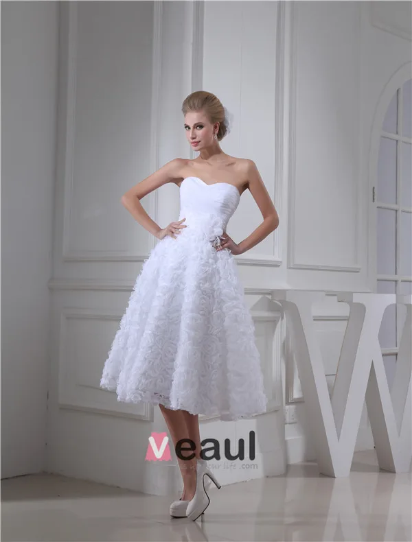 Cute A-line Sweetheart Strapless Ruffle Flowers Bridal Gown Wedding Dress
