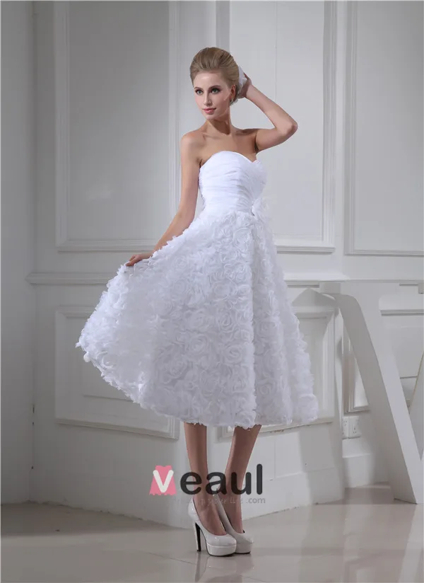 Cute A-line Sweetheart Strapless Ruffle Flowers Bridal Gown Wedding Dress