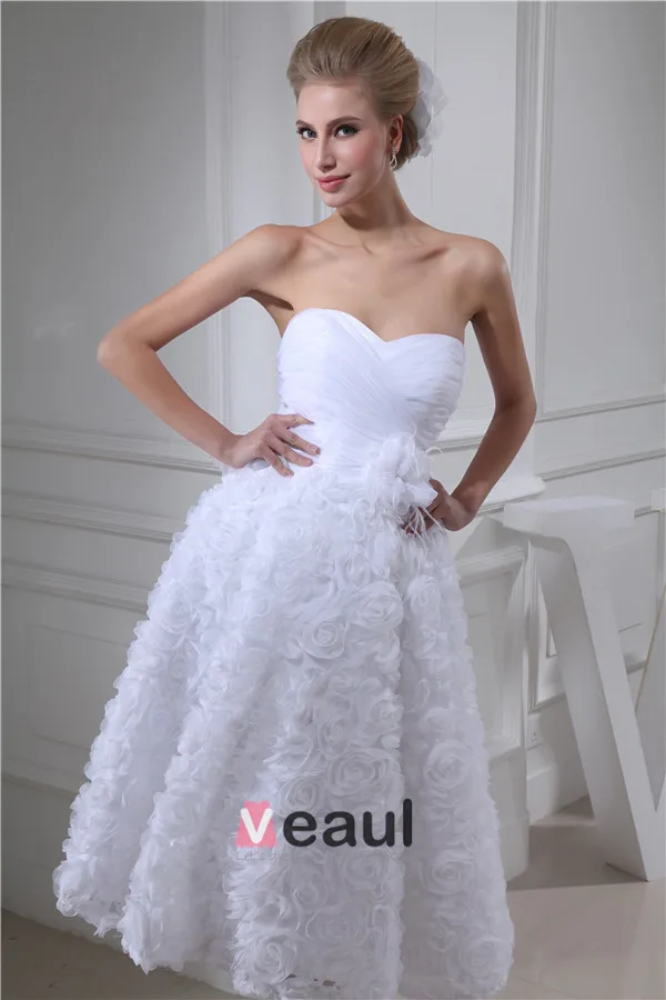 Cute A-line Sweetheart Strapless Ruffle Flowers Bridal Gown Wedding Dress