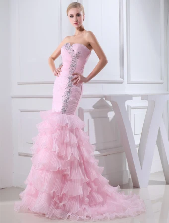 2015 Encantadora Sirena Del Amor Volantes En Cascada Sin Tirantes Con Pliegues Vestido De Gala