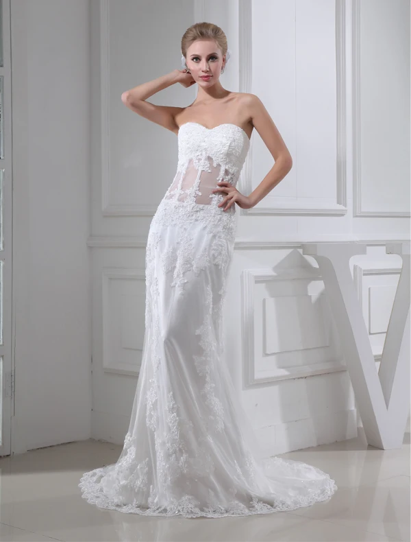 Sjarmerende Kjæreste Stroppeløs Blonder Bryllupskjole Lang Brudekjoler