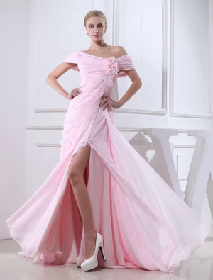 Charmant A Ligne Au Large De La Robe De Bal Épaule Volants Plissés De Fleurs