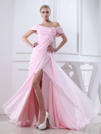 2015 Charming A Line Off The Shoulder Pleated Ruffles Flowers Prom Dress