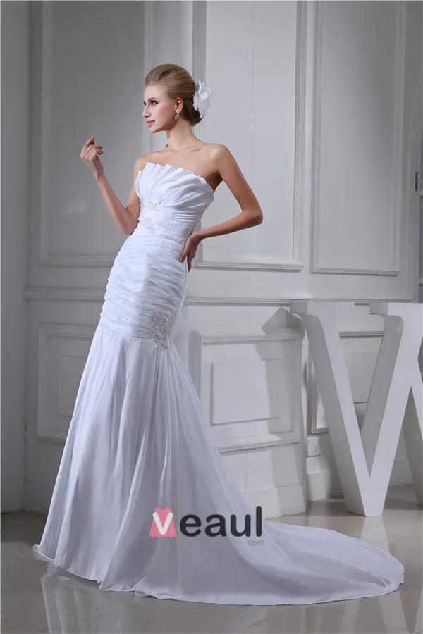 2015 Classic A-line Strapless Pleated Beading Wedding Dress