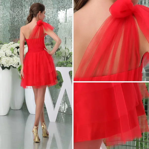 2015 Red Tulle One-shoulder Ruffles Short Cocktail Dress
