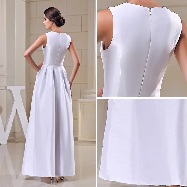 Unique A-line Shoulders U-neck White Satin Long Evening Dress