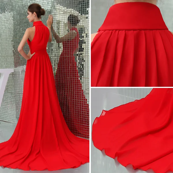 2015 Gorgeous A-line High Neck Sleeveless Chapel Train Red Evening Dress