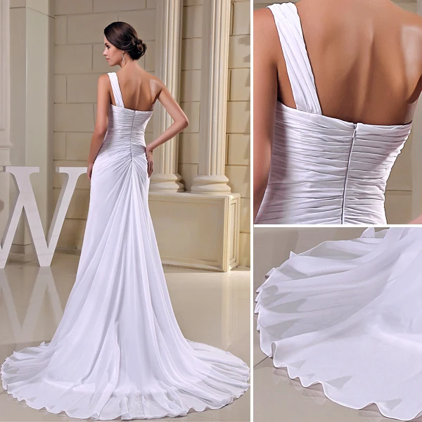 2015 Simple Sheath One Shoulder Pleated Sweep Train Wedding Dress Bridal Gown