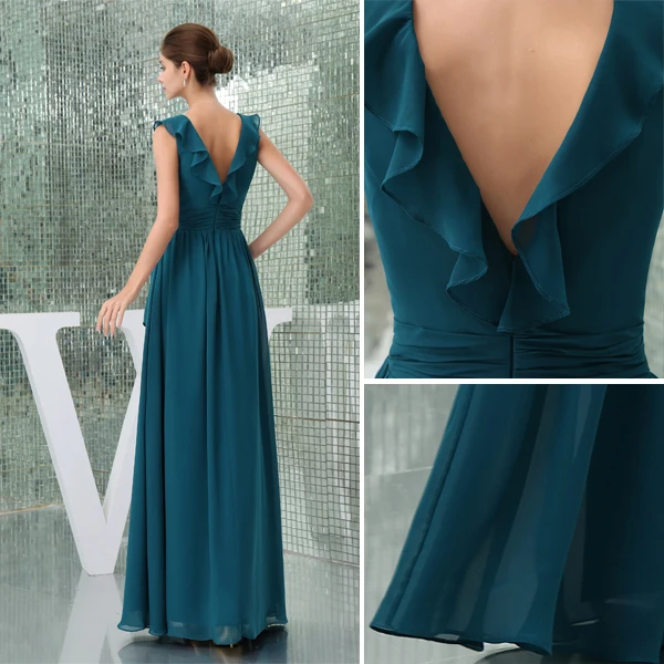 2015 Charming A-line V-neck Ruffle Shoulders Pleated Sash Long Bridesmaid Dress Wedding Guest Dresses