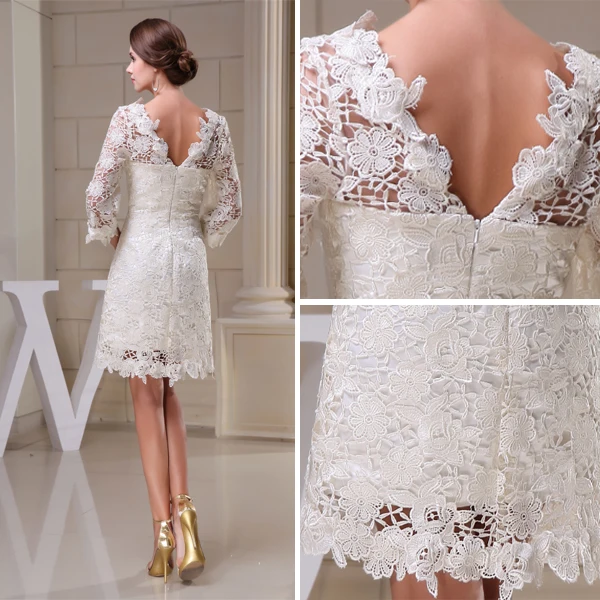 Charming A-line 3/4 Sleeves Pierced Lace Short Wedding Dress Bridal Gown