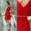 Cute A-ligne De V-cou Épaules Faits À La Main Des Fleurs Volants Robe De Cocktail Rouge