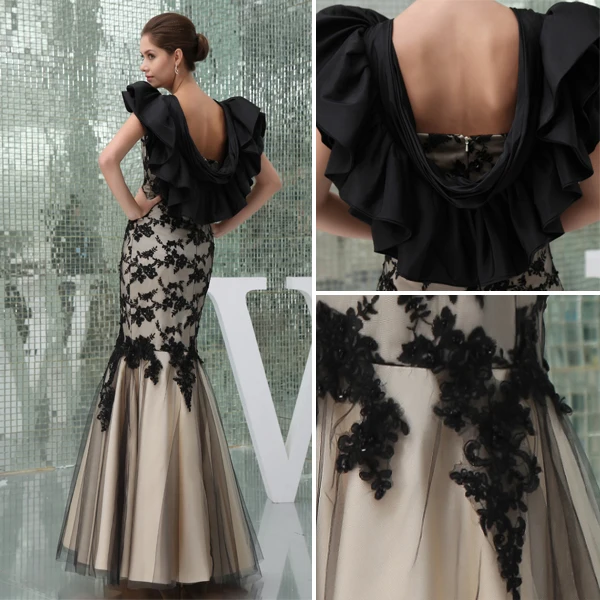 2015 Unique Sheath V-neck Ruffle Shoulders Mermaid Appliques Lace Evening Dress