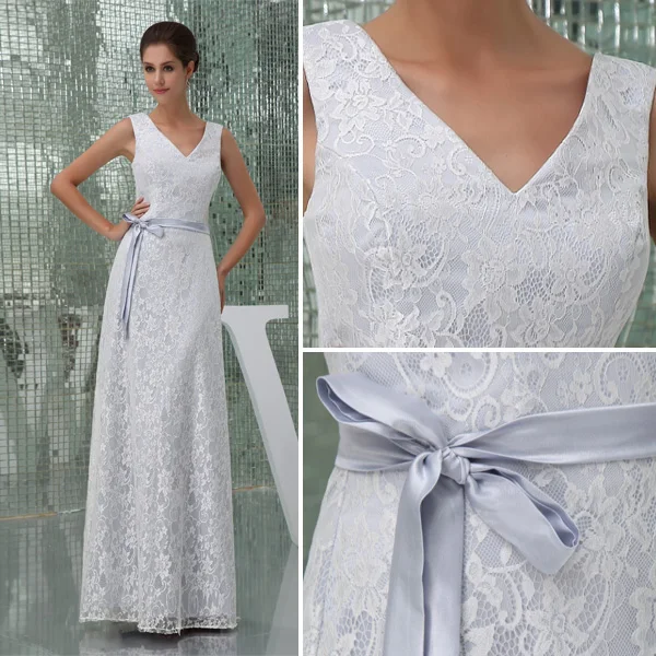Beautiful White Lace V Neck Bow Sash Long Bridesmaid Dress