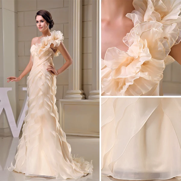 2015 Unique A-line One Shoulder Champagne Bridal Gown Cascading Ruffles Handmade Flower Wedding Dress
