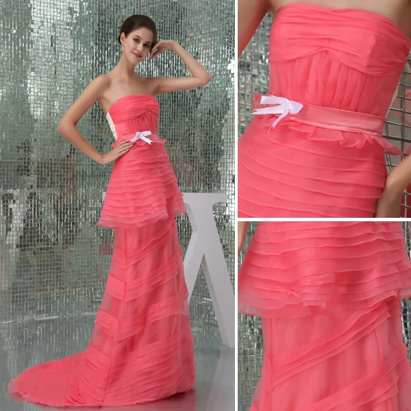 2015 Charming Empire Strapless Bow Sash Cascading Ruffles Prom Dress