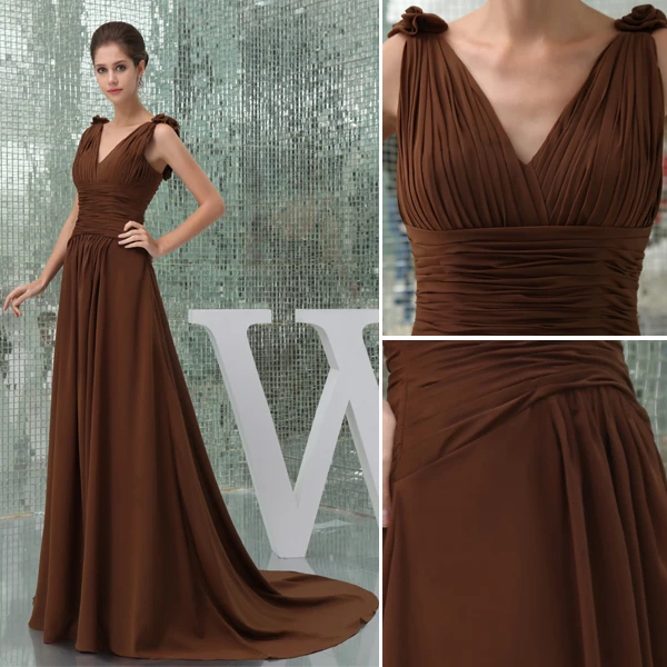 Vintage Empire V-neck Shoulders Pleated Ruffle Straps Evening Dress