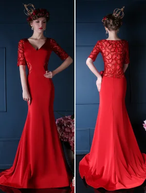 2015 Mermaid V Ausschnitt Schultern 1 2 Ärmeln Exquisite Rückenteil Roten Abendkleider Lang