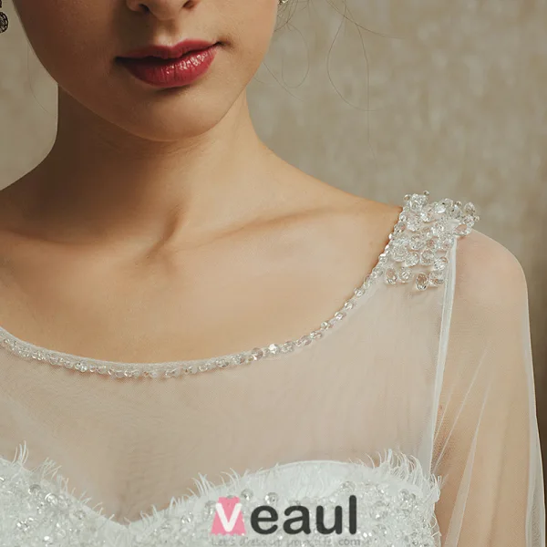 A-lijn Schouders Vierkante Hals 1/2 Mouwen Kralen Backless Trouwjurken