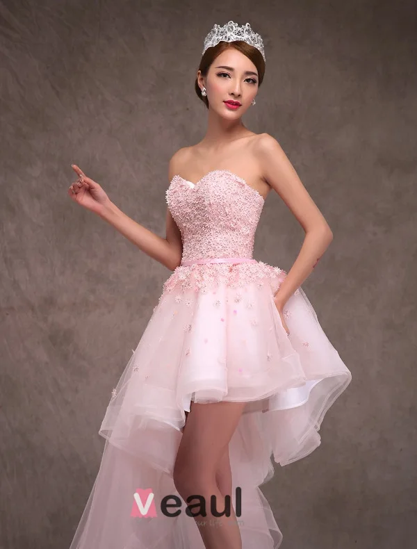 2015 A-line Princess Sweetheart Appliques Lace & Flowers Inclined Train Short Wedding Dress/ Prom Dress