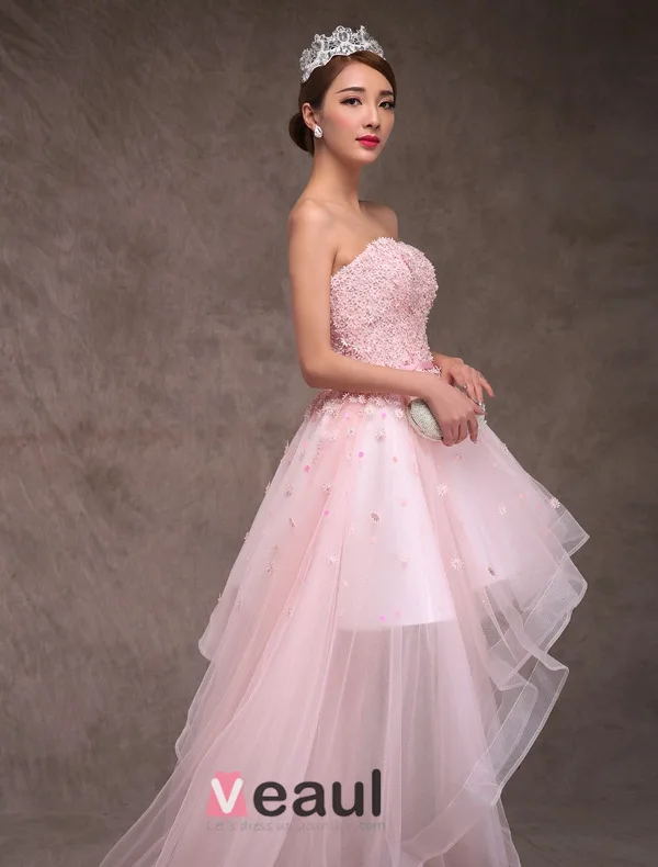 2015 A-line Princess Sweetheart Appliques Lace & Flowers Inclined Train Short Wedding Dress/ Prom Dress
