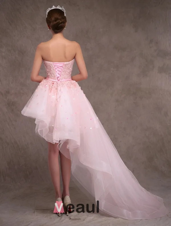 2015 A-line Princess Sweetheart Appliques Lace & Flowers Inclined Train Short Wedding Dress/ Prom Dress