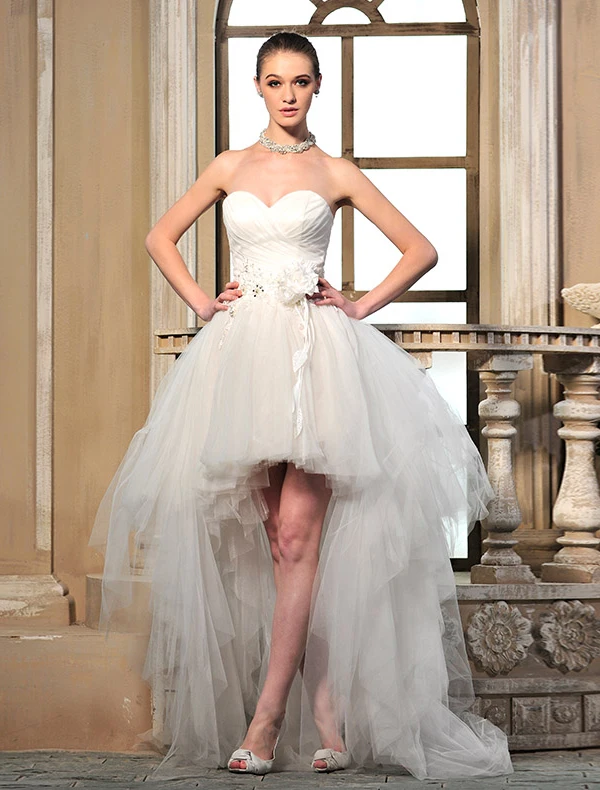 A Linje Kjæreste Beading Håndlaget Blomst Asymmetrisk Tyll Kort Brudekjole