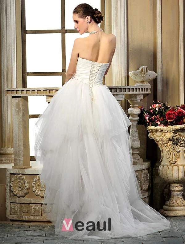 A-ligne Sweetheart Perles Fleur À La Main Robe De Mariée Courte En Tulle Asymétrique