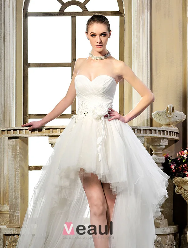 2015 A Line Sweetheart Beading Handmade Flower Asymmetrical Tulle Short  Wedding Dress