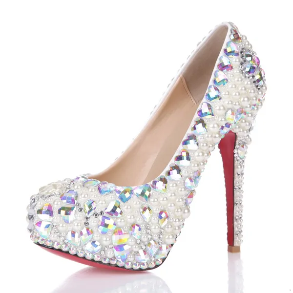 Luxe Pompes Blanche Élégante Plateforme Perle De Cristal Strass Chaussures De Mariée