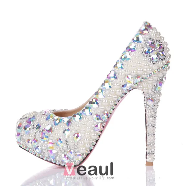 Luksus Elegant Hvit Perle Krystall Rhinestone Plattform Pumper Brudesko