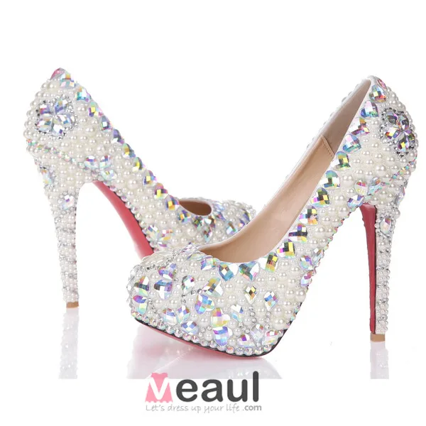 Luksus Elegant Hvit Perle Krystall Rhinestone Plattform Pumper Brudesko