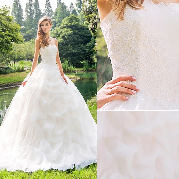 2015 Gorgeous Sweetheart Appliques Lace Organza Satin Ball Gown Wedding Dress