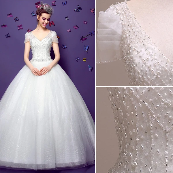 2015 Ball Gown Short Sleeves V-neck Beading Sequins Backless Organza Wedding Dress