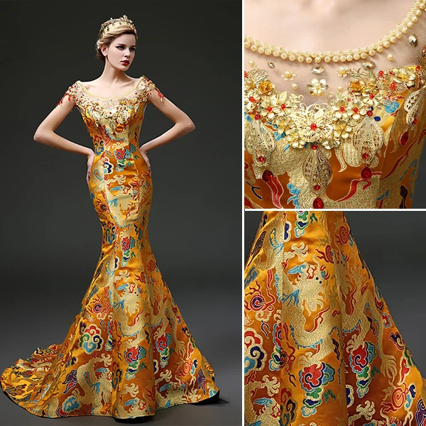 2015 Mermaid China Loong Robes / Cheongsam Embroidery Brocade Evening Dress Prom Dress