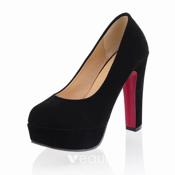 Mode Talons Noirs Escarpins En Daim Talon Epais Chaussures Femmes A Talons Hauts Avec Plate forme