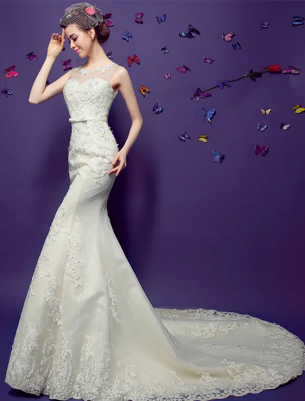 2015 Mermaid Scoop Neck Sleeveless Beading Appliques Lace Wedding Dresses