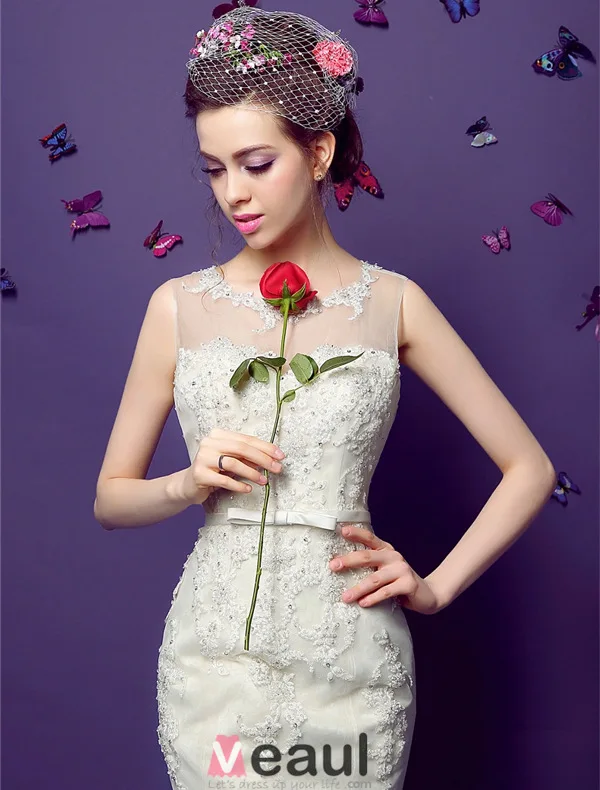 Scoop Sirène Cou Manches Appliques De Perles Dentelle Robes De Mariée